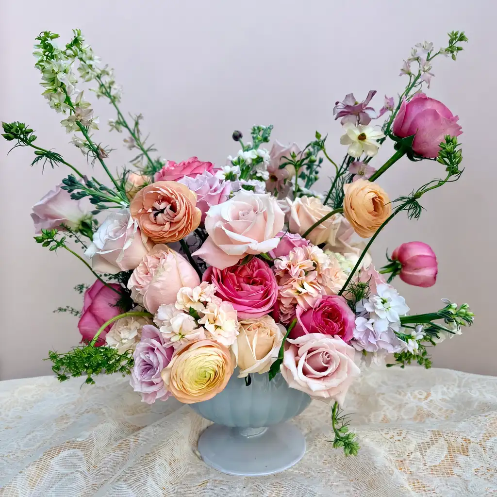 Soft pastel rose and ranunculus arrangement in a footed vase